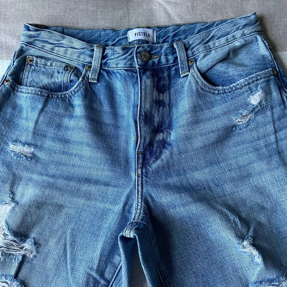 EUC Distressed Boyfriend Jeans with Heavy Rip Detail (Light Wash, Cuffed Hem) 27 - Picture 4 of 8